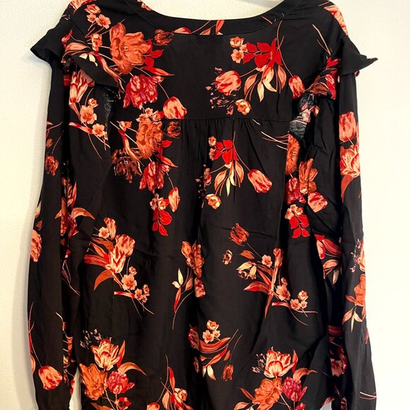 Torrid Women's Blouse Size 0 (L) V Neck, Long Sleeve Floral Black/Coral - Picture 6 of 8